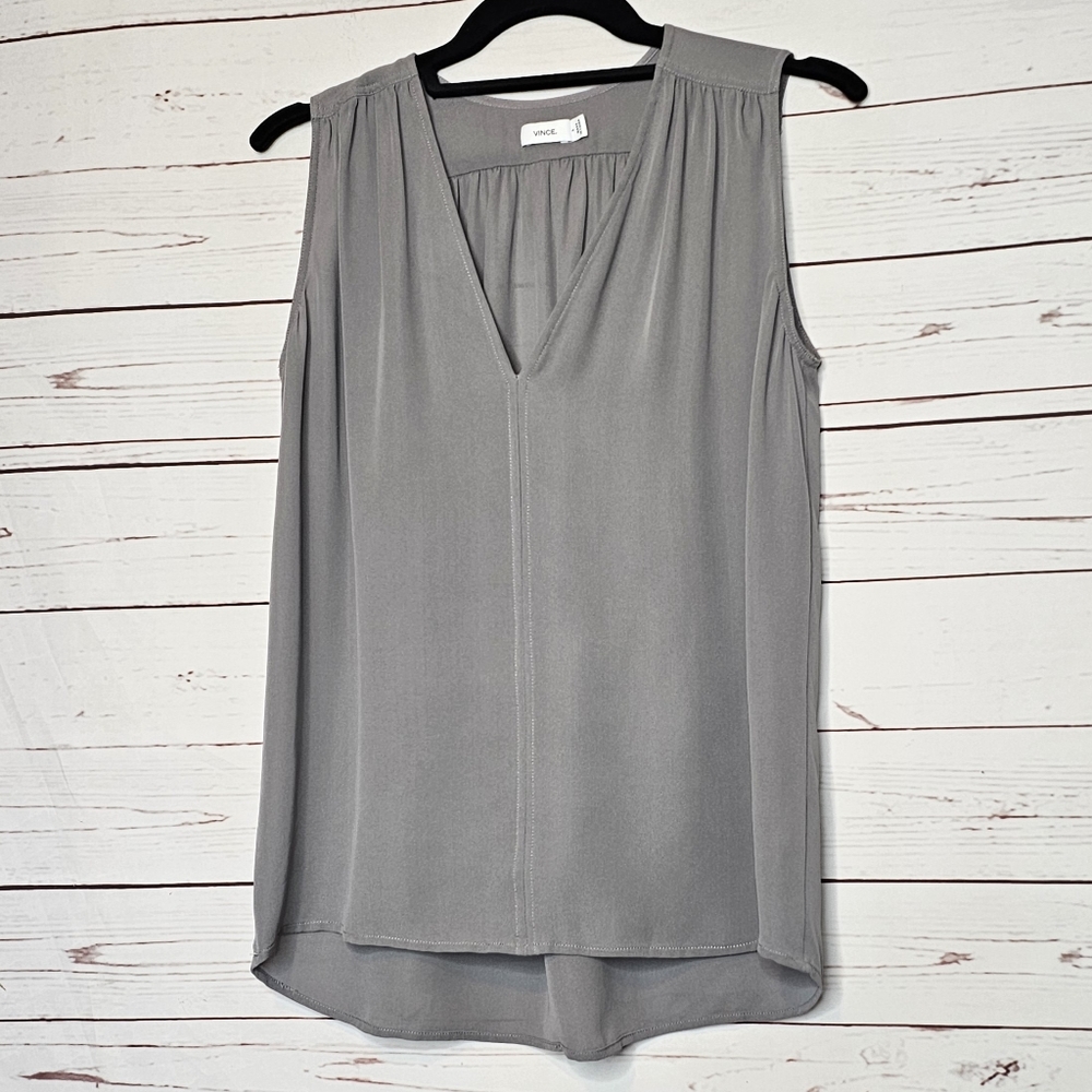 Vince Gray Sleeveless V-Neck Silk Top